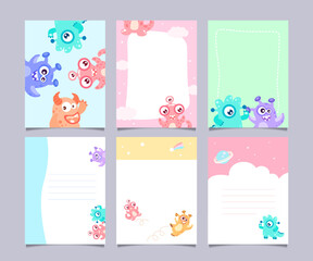 Set of cute birthday card, monster character collection