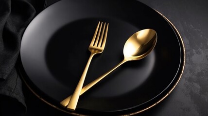 Golden fork and spoon on black plate Generative AI