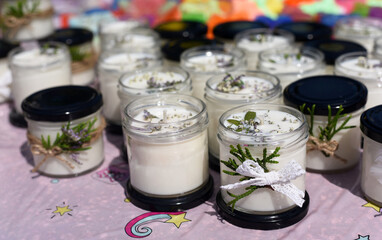 Handmade candles in a jar