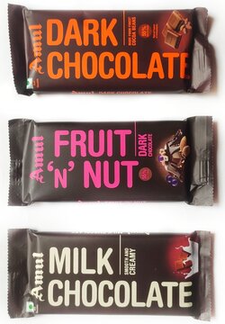 Guwahati, Assam, India - March 22, 2023 : Variety of Amul chocolate brands - Milk chocolate, Fruit and Nut, Dark Chocolate.