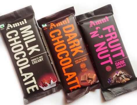 Guwahati, Assam, India - March 22, 2023 : Variety of Amul chocolate brands - Milk chocolate, Fruit and Nut, Dark Chocolate.