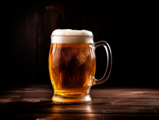 Glass of foamy beer on an oak table