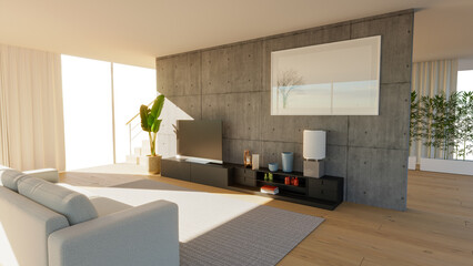 Internal view of an open space with big windows, large size, modern and contemporary style. Luxury houses. Natural light. Living room. Architecture and projects. Ecological house