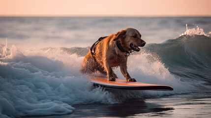 A dog on a surfboard rides the waves