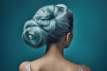 Pastel blue colored hair in elegant updo hairstyle. Generative AI illustration