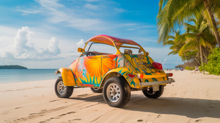 Funny buggy car on tropical beach