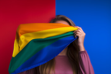 Expressive Generative AI pride photo of a lesbian woman with rainbow flag patterns. Inclusive society with equal rights. Pride day month celebration of diversity and inclusion.
