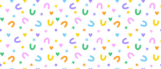 Colorful Abstract Doodle Seamless Vector Pattern. Childish Hand Drawn Stars, Hearts and Arcs isolated on a White Background. Trendy Creative Modern Print with Freehand Multicolor Scribbles.RGB Colors.