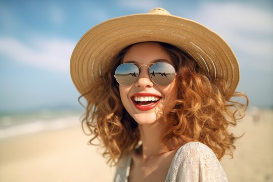 Happy smiling Young beautiful women wear a hat and sunglass in summer brown hair