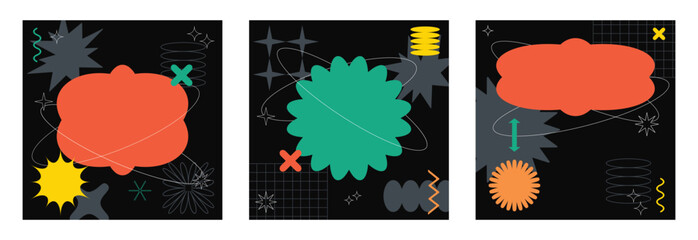 Vector set of trendy abstract retrowave, futuristic and Y2k style card illustrations with memphis geometric shapes. Retro 90s Pop Art Backgrounds for package design, textile, fashion, fabric print