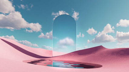 3d render. Abstract fantastic background. Surreal fantasy landscape. Pink desert with lake and geometric mirror under the blue sky with white clouds. Modern minimal wallpaper - obrazy, fototapety, plakaty