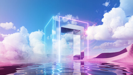 3d render. Abstract aesthetic background. Surreal fantasy landscape. Water, pink desert, neon linear arch and chrome metallic gate under the blue sky with white clouds. Virtual reality wallpaper - obrazy, fototapety, plakaty