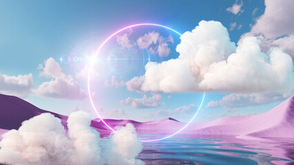 3d render, abstract fantasy background. Surreal fantastic landscape. Blue sky, white fluffy clouds, neon round linear frame, calm water, pink sand dunes. Virtual reality paradise wallpaper © wacomka