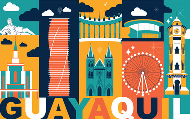 Guayaquil culture travel set, famous architectures, Ecuador in flat design. Business travel and tourism concept clipart. Image for presentation, banner, website, advert, flyer, roadmap, icons
