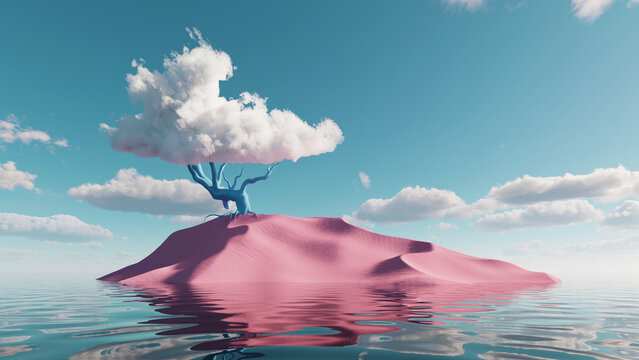 3d render. Abstract unique background. Surreal scenery. Fantasy landscape of pink island surrounded by calm water, tree metaphor under the blue sky with white clouds. Modern minimal wallpaper