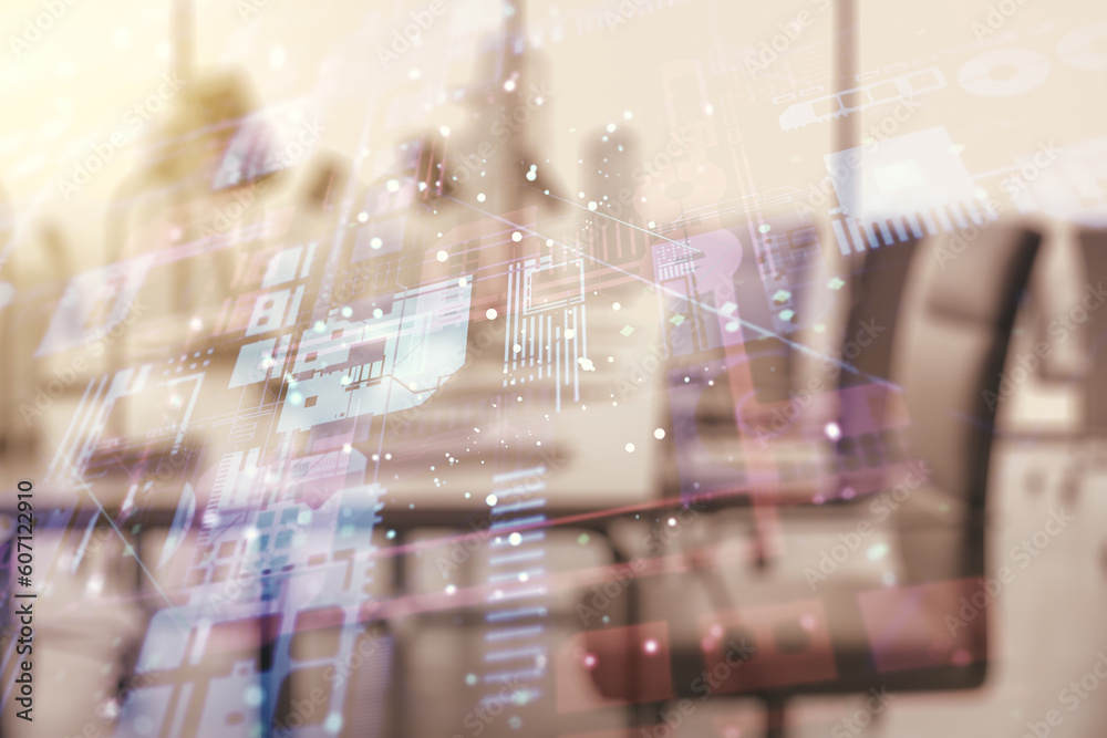 Fototapete Multi exposure of abstract creative coding sketch on a modern furnished office background, artificial intelligence and neural networks concept