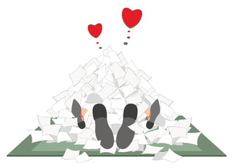 
Young man and woman in love, laying under big piles of papers. 
All you need is love. Love business couple rendezvous. Heart symbols
