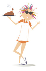 Young woman carries a tray with meat. 
Smiling young woman carries a tray with meat, duck or chicken. Isolated on white background
