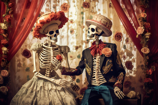 A couple of skeletons sitting next to each other. AI generative. Day of the Dead traditional papier-mache skeleton