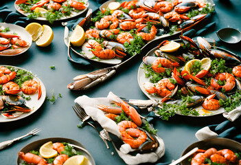 Fresh Mixed seafood on table, with a black background. Appetizing seafood on the table in a luxurious restaurant. Delicious fresh from the ocean gourmet dinner. Generative AI, illustration