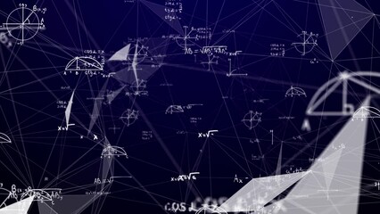 Math and physics formulae pass through the screen and fall away. Animation of maths equations. Fast movement of plexus formulas. Science, technology Genetics biology, biotechnology, chemistry, science