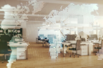 Multi exposure of abstract graphic world map on a modern furnished classroom background, big data and networking concept