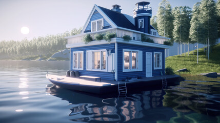 Obraz premium A houseboat floating on top of a body of water. AI generative. Tiny house illustration.