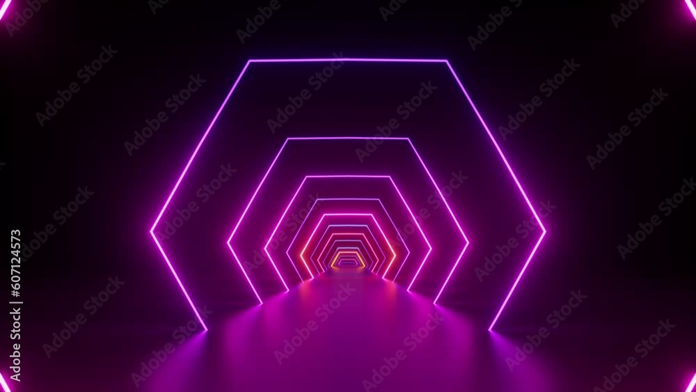 Poster abstract looping 3d animation, movement forward the endless neon hexagonal tunnel with spinning geom