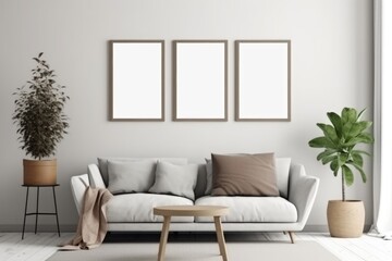 Stylish living room interior design with mock up poster frame. Beige wall. Sofa, plants and creative home accessories. Home staging. Scandi desidn. Template. Copy space. Ai Generative