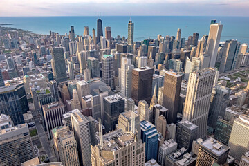Chicago city skyscrapers aerial view, blue sky background. Skydeck observation deck