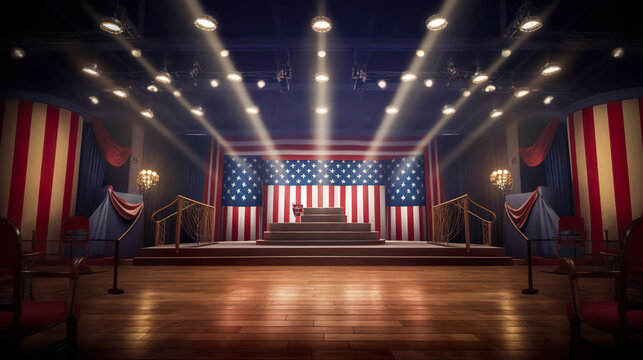 A stage with an american flag on it. Generative AI.