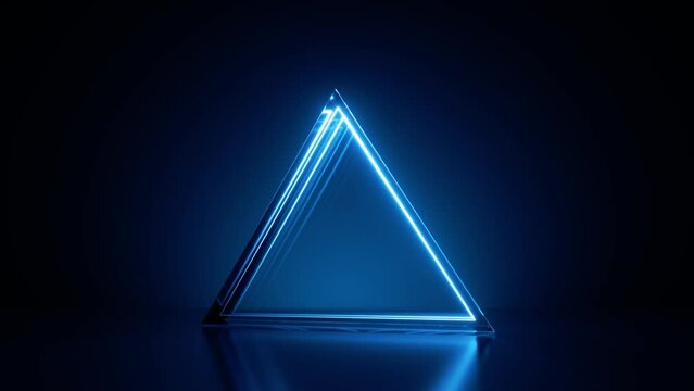 3d animated blue geometric background of spinning glass triangle. Glowing neon lines inside the rotating translucent triangular shape. 3d VJ loop motion animation