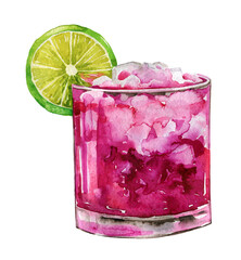 Watercolor cocktail margarita, mojito, sangria, slushy drinks illustration. Alcoholic, non-alcoholic drinks, beverage. Summer cocktail bar. Hand drawn cocktail party menu design, flyer, card, print