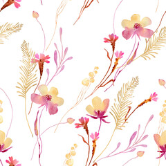 Watercolor abstract floral seamless pattern. Pressed pink flowers beige tile. Hand drawn delicate, botanical background. Repeatable boho texture, wrapping paper, wallpaper, fabric, paper, textile