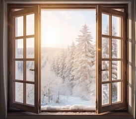 View through the window of a cottage into a snow-covered winter forest created with Generative AI technology