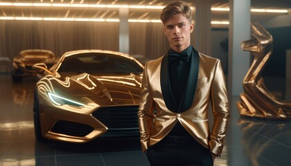 Fototapeta na wymiar The image of a rich and spoiled young businessman in an expensive gold suit against the backdrop of a sports car, a male official from politics. Generative AI