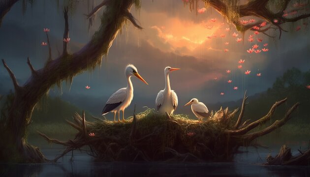Wildlife, beautiful family of storks in the swamp. Generative AI.