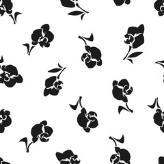 Seamless black and white floral pattern with orchid flowers silhouettes. Vector floral print