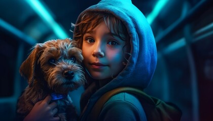 A child travels on a train with a beautiful dog, pet and man's best friend. Generative AI