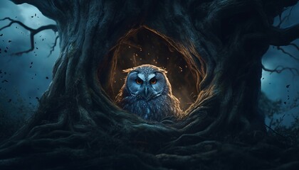 A predatory gray owl sits in a hollow at night. Generative AI