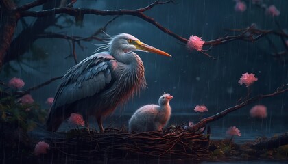 Amazing wildlife, beautiful heron, stork in a nest with chicks, in a swamp with pink flowers. Generative AI.