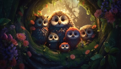 Cute and funny family of beautiful owls in the hollow at night. Generative AI