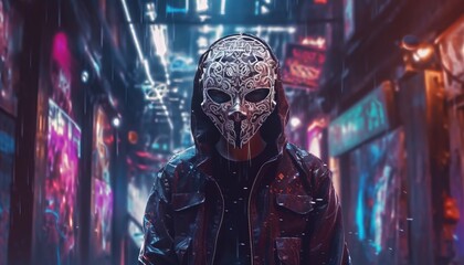 Fototapeta na wymiar Hacker in hooded mask, cyber criminal in cyberpunk world. Generative AI