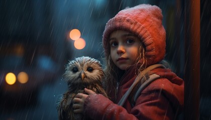 A young girl holds a young owl in her hands in autumn rainy weather. Generative AI