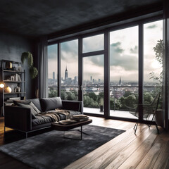 AI Generated image of modern dark apartment with big windows and beautiful outdoor scenery
