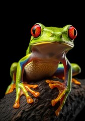 Beautiful tree frog sitting on a rock with dark background