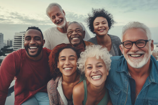 A group of multicultural people are celebrating together, group of friends taking selfie picture smiling at camera, laughing and having fun.