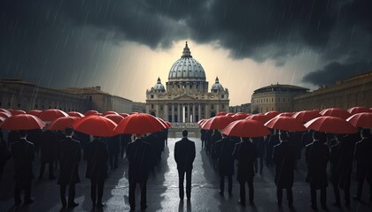 A picture of the funeral of a famous person, a crowd of people from the criminal world stand with umbrellas in the rain against the backdrop of the temple. Generative AI - obrazy, fototapety, plakaty