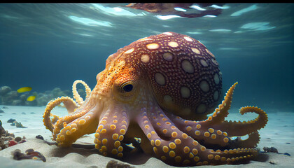 Endangered Octopus cruises in the warm water under sea Ai generated image