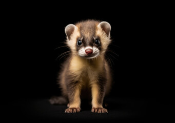 Portrait of a young cute black-footed ferret baby with dark background. Ideal use for wallpaper, children's book, illustration, poster, banner, copy-space, calendar